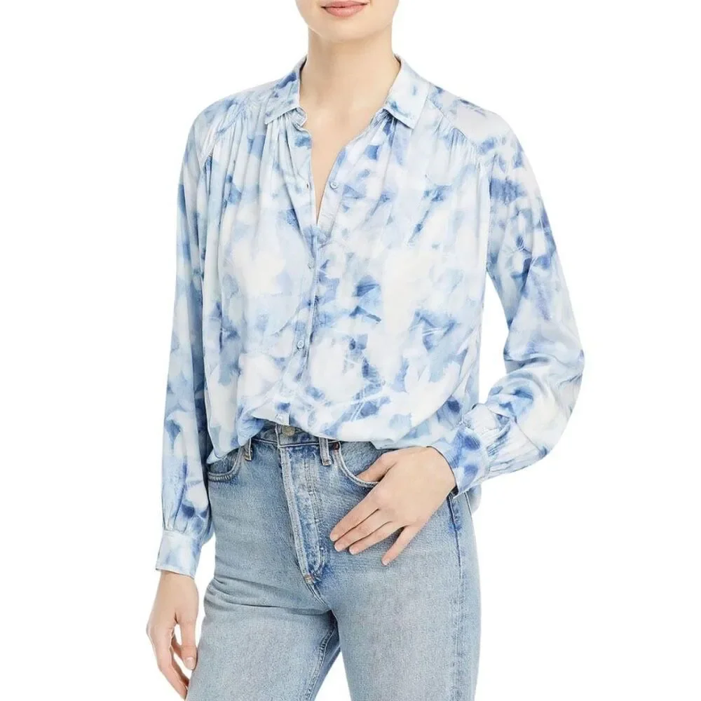 NWT Bella Dahl Blue Indigo Petal Print Button Down Shirt Small Ecovera Viscose